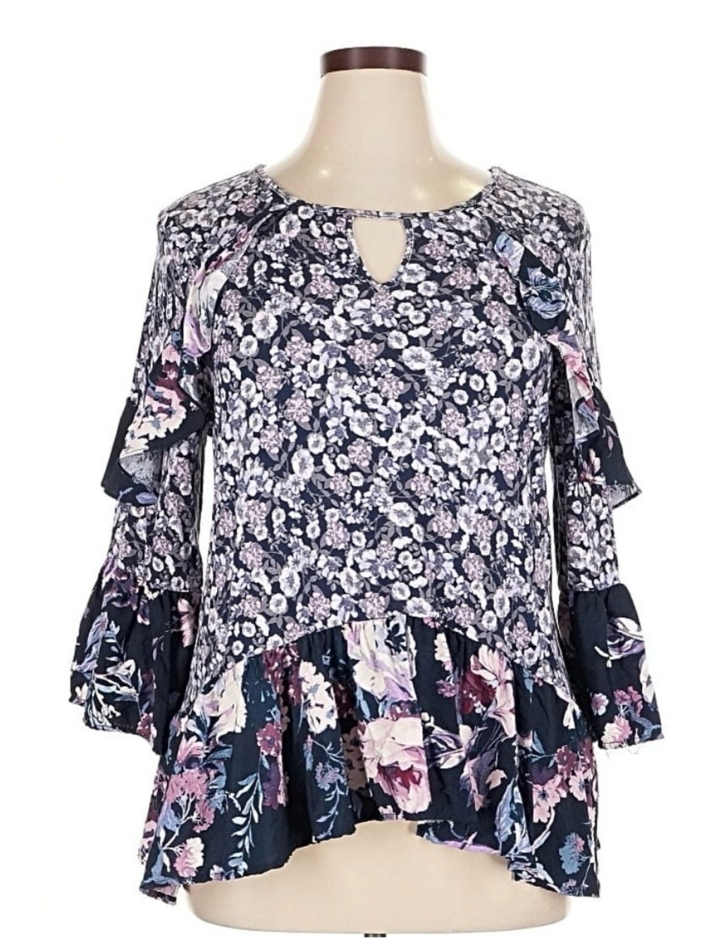 Cupio Navy Floral Keyhole Ruffle Tunic